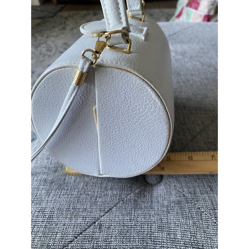 VTG White Textured Barrel Bag 80's Gold  Hardware Mini Satchel Top Handle